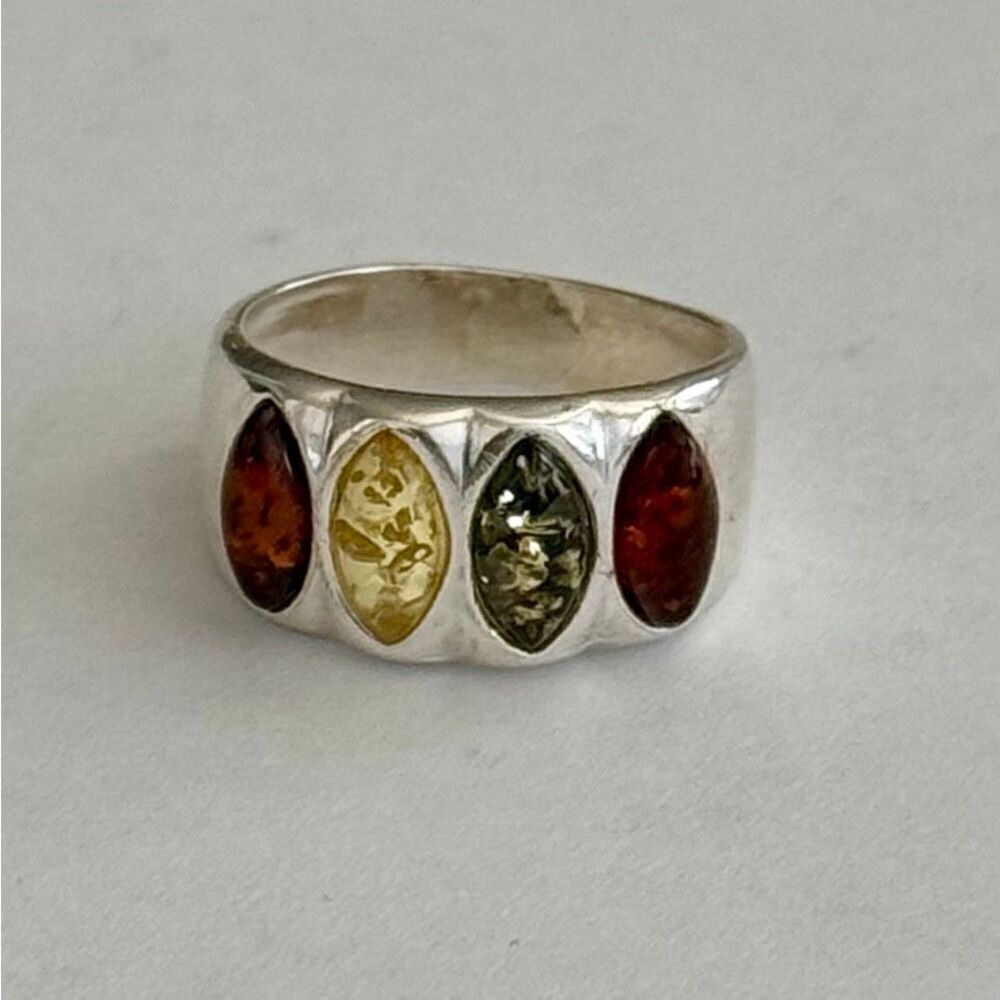 Sterling Silver Multicolor Baltic Amber Four Stone Marquise Shape Ring New